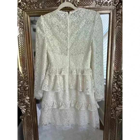 ML Monique Lhuillier Tie-Neck Ivory Lace Mini Long Sleeve Bridal Dress - Picture 4 of 10